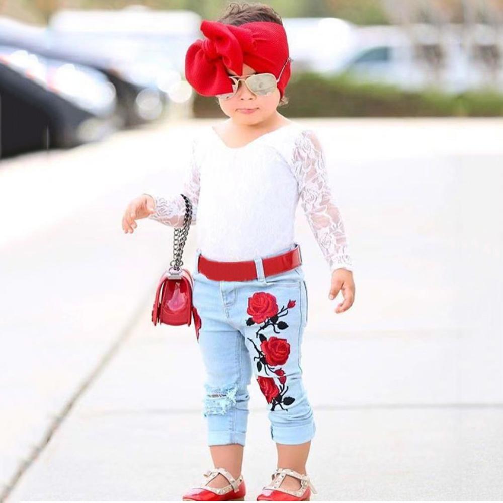 Girls Lace Long Sleeve Tops & Ripped Rose Embroidered Jeans