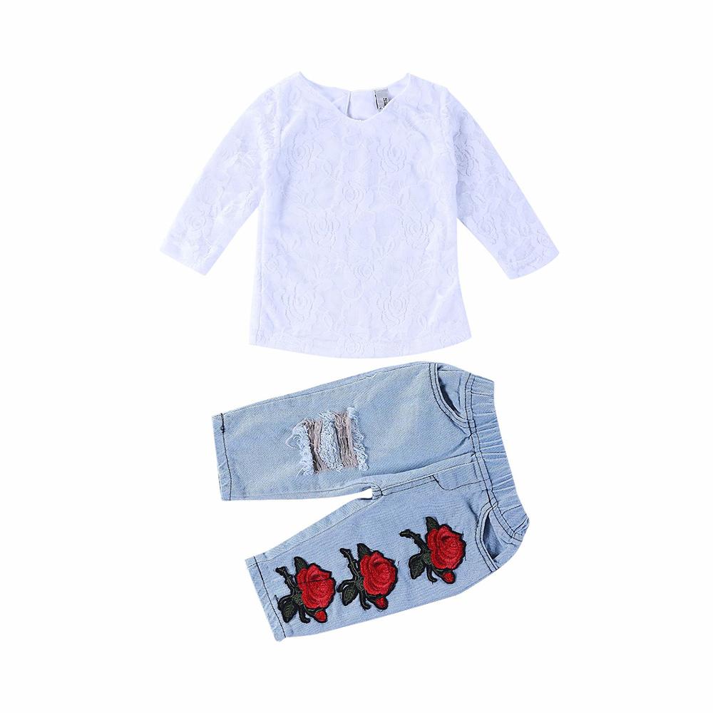 Girls Lace Long Sleeve Tops & Ripped Rose Embroidered Jeans