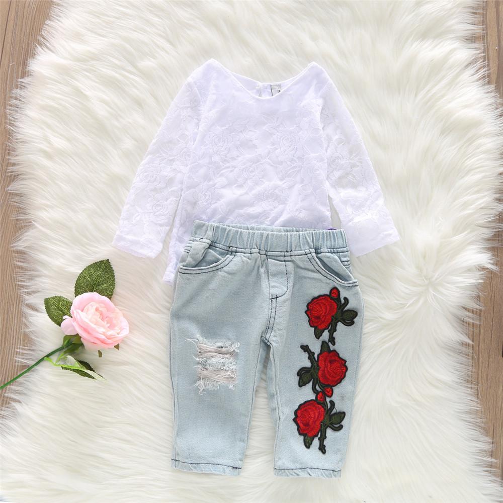 Girls Lace Long Sleeve Tops & Ripped Rose Embroidered Jeans