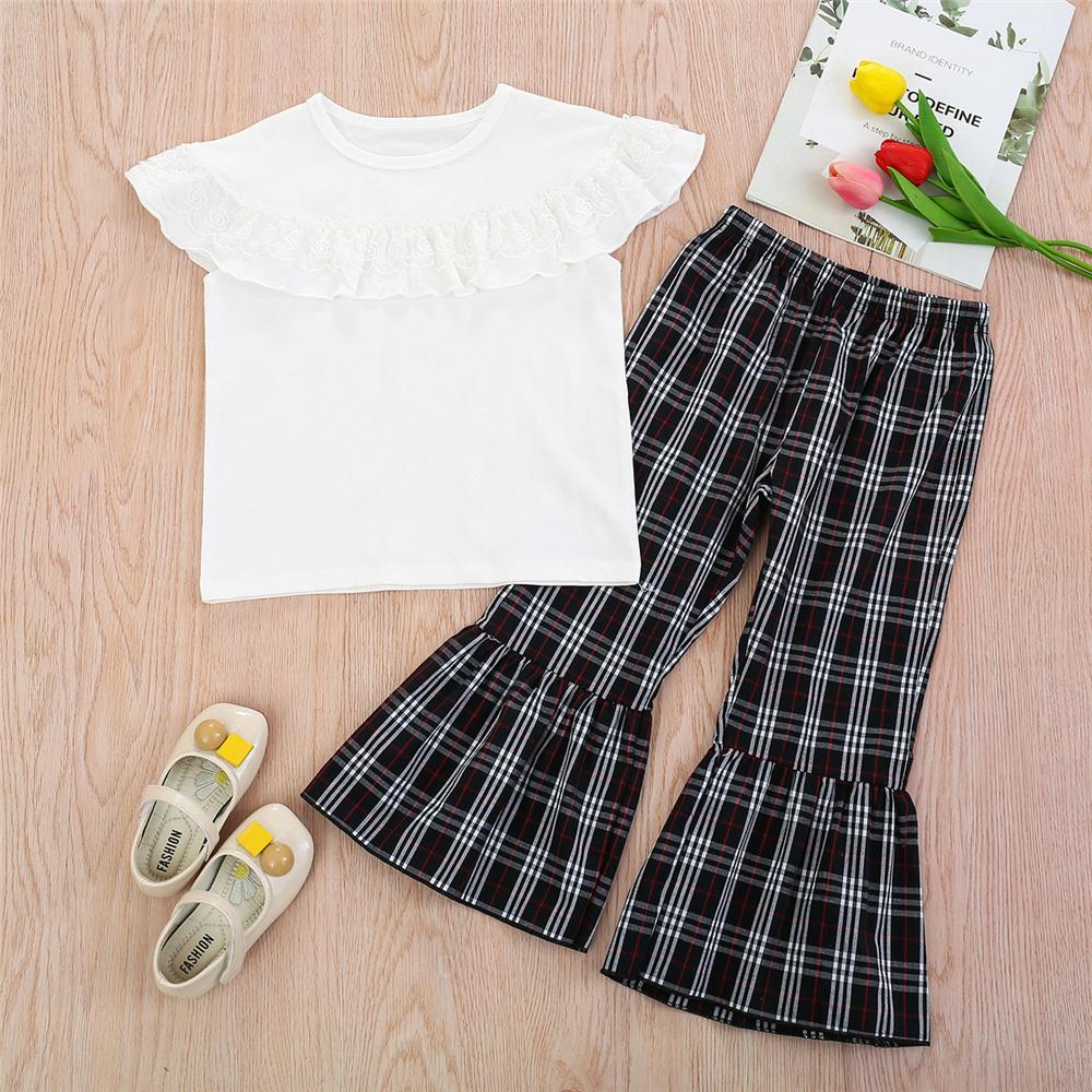 Girls Lace Lotus Leaf Collar Sleeveless Top & Plaid Pants girl wholesale boutique clothing