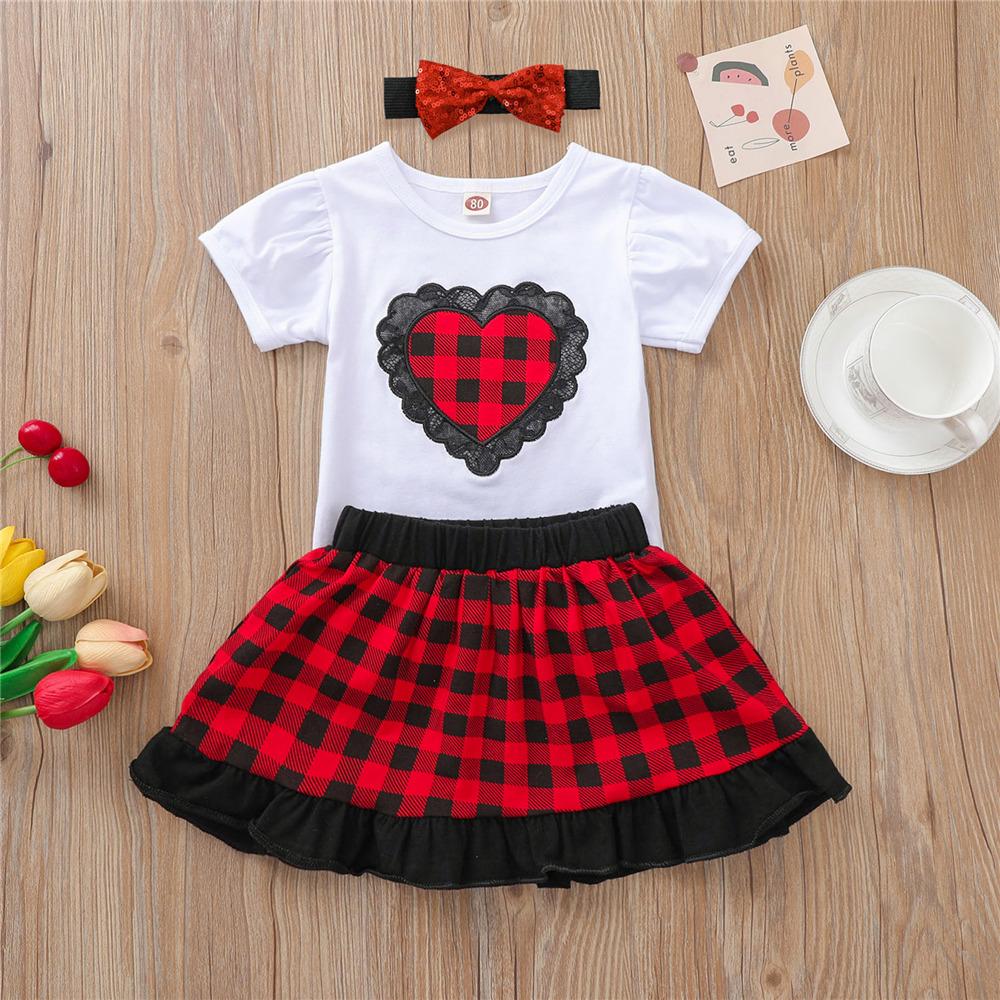 Girls Lace Plaid Heart Printed Short Sleeve Top & Skirt & Headband kids clothing vendors