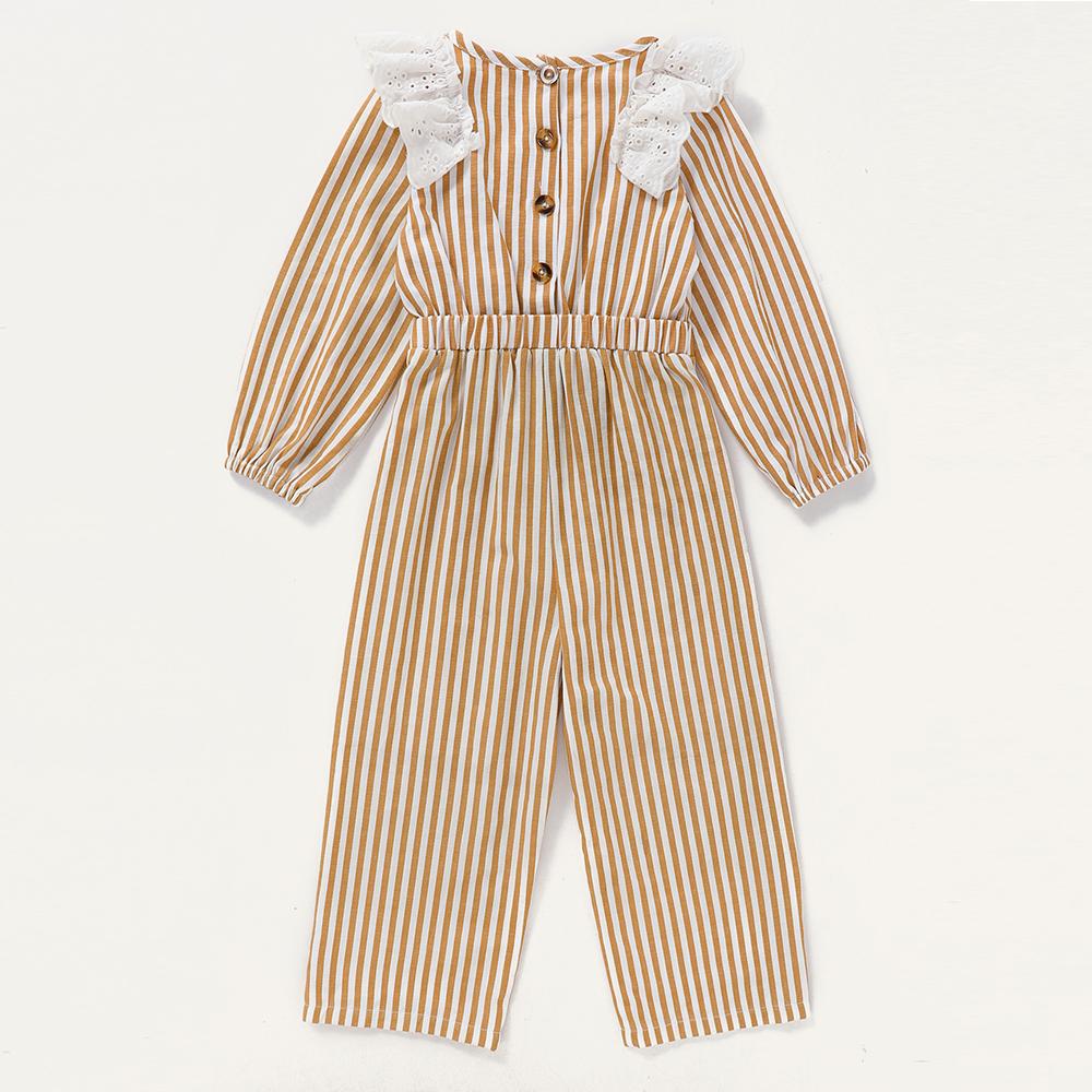 Girls Lace Ruffled Striped Long Sleeve Jumpsuit Trendy Kids Wholesale Clothing