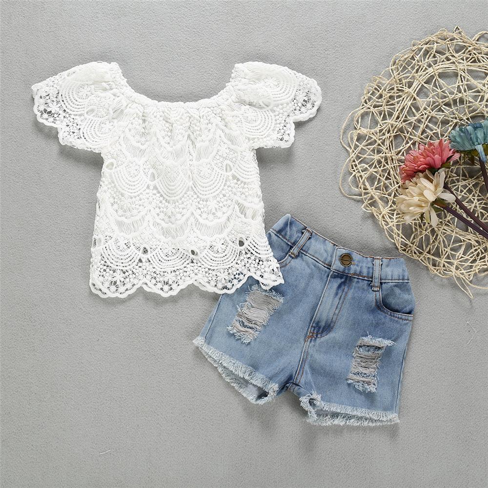 Girls Lace Short Sleeve Top & Ripped Denim Shorts Toddler Girl Wholesale Clothing