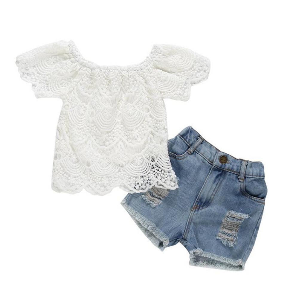 Girls Lace Short Sleeve Top & Ripped Denim Shorts Toddler Girl Wholesale Clothing