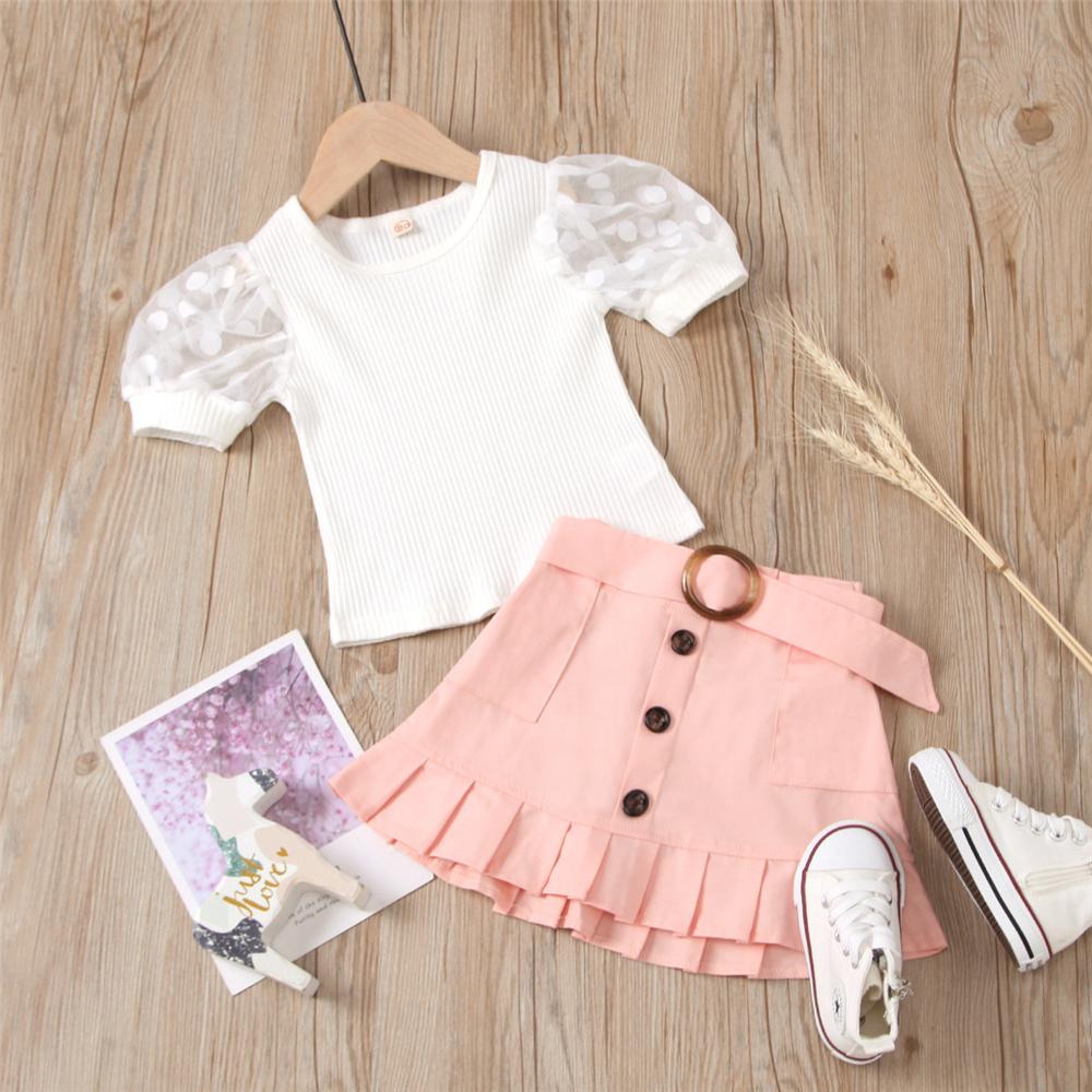 Girls Lace Sleeve Solid Color Top & Ruffled Skirt Wholesale Girl Clothing