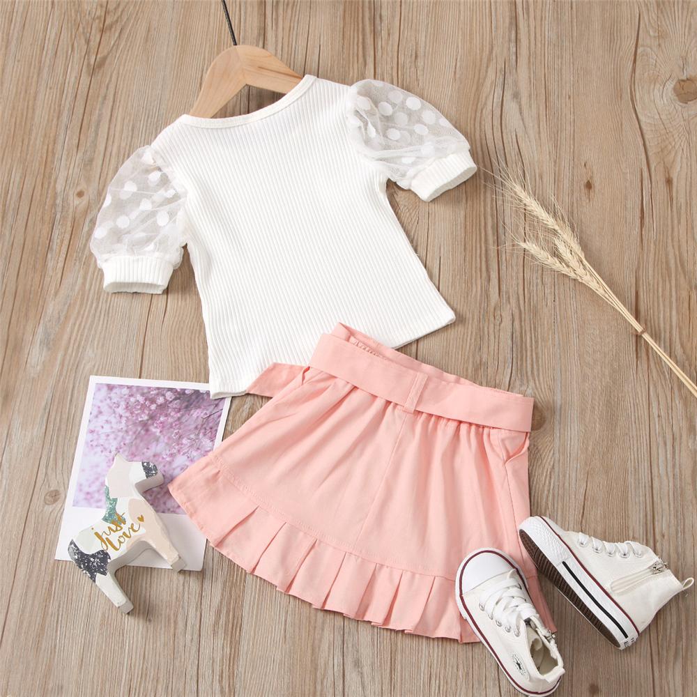 Girls Lace Sleeve Solid Color Top & Ruffled Skirt Wholesale Girl Clothing