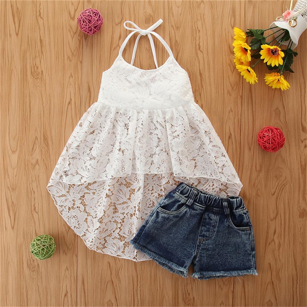 Girls Lace Solid Color Dovetail Sling Top & Denim Shorts kids wholesale clothing