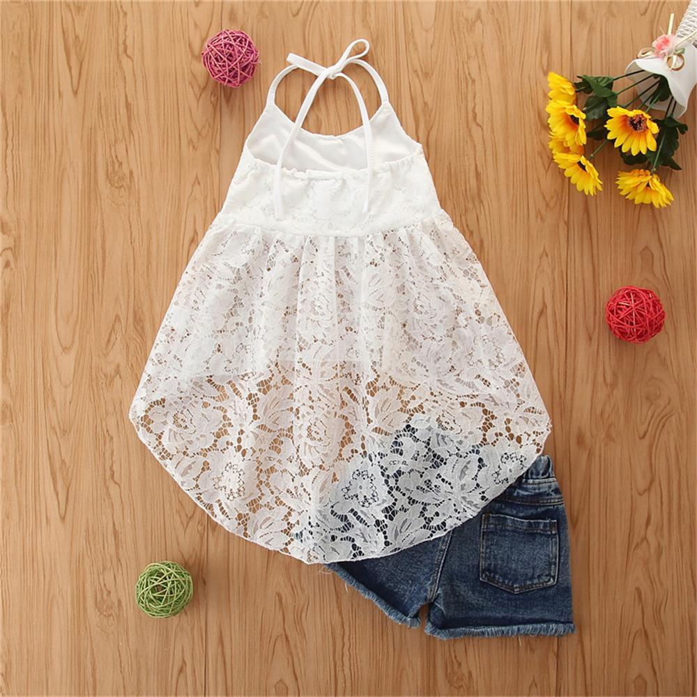Girls Lace Solid Color Dovetail Sling Top & Denim Shorts kids wholesale clothing