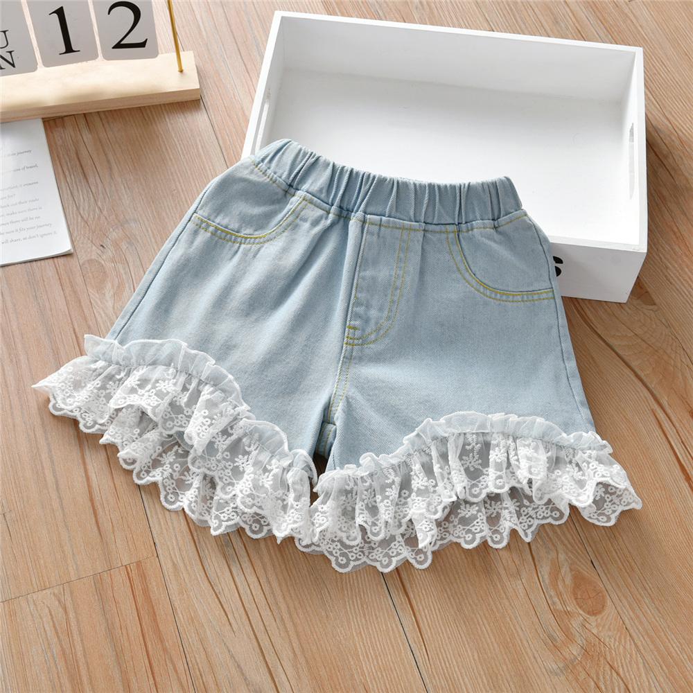 Girls Lace Splicing Denim Shorts quality children's clothing wholesale