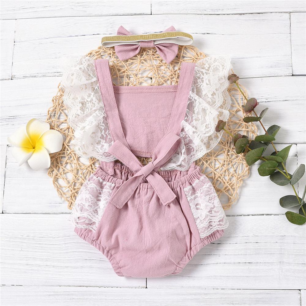 Baby Girls Lace Splicing Sleeveless Romper & Headband Baby Clothes Cheap Wholesale