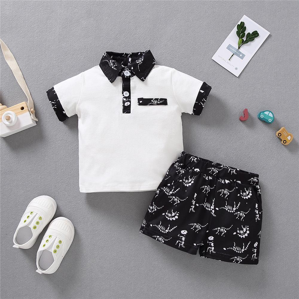 Boys Lapel Dinosaur Camo Printed Short Sleeve Top & Shorts wholesale baby clothes