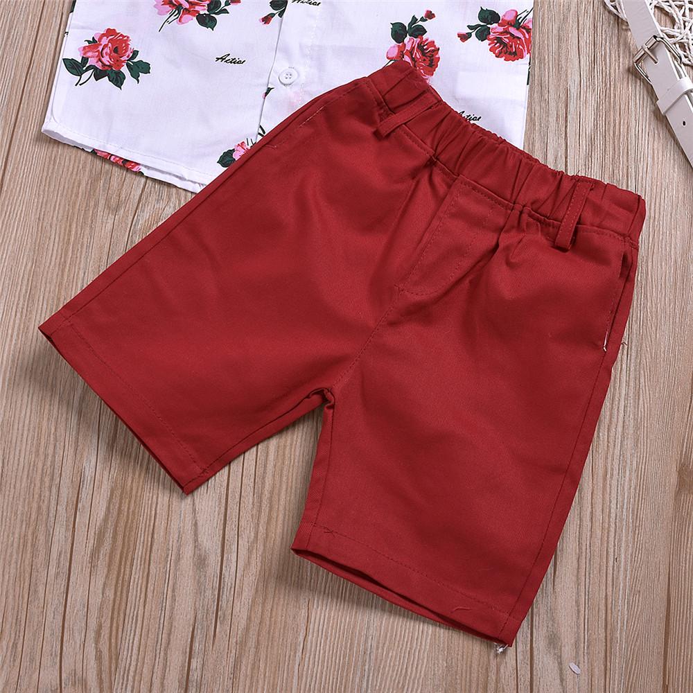 Boys Lapel Floral Printed Short Sleeve Shirts & Red Shorts Wholesale Boys Clothing