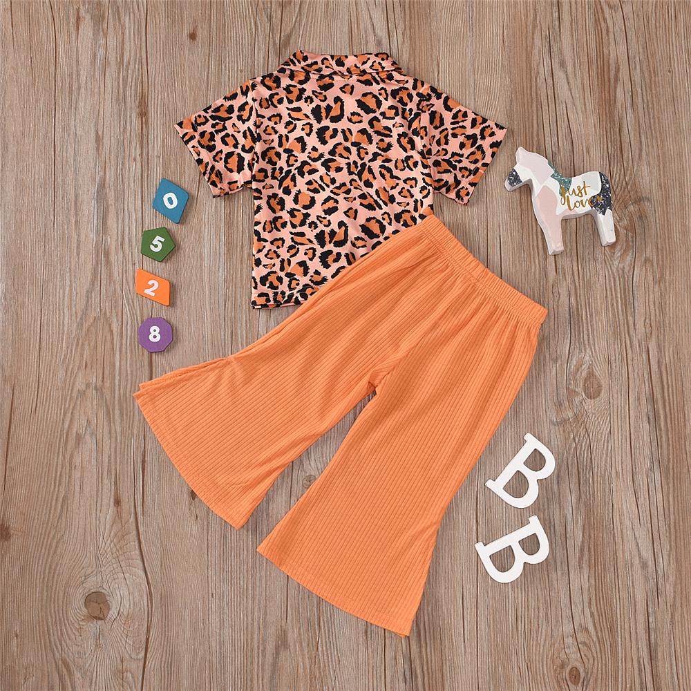 Girls Lapel Leopard Printed Button Top & Solid Bell Pants Wholesale Clothing For Children