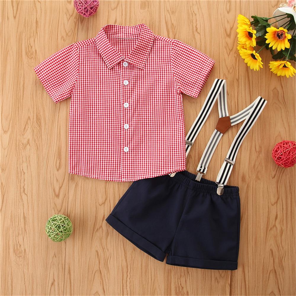 Boys Lapel Plaid Short Sleeve Shirt & Overalls Boys School Uniform