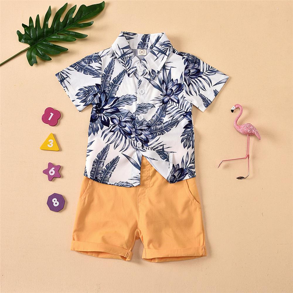Boys Lapel Short Sleeve Cartoon Printed Top & Solid Shorts Little Boys Wholesale Clothing