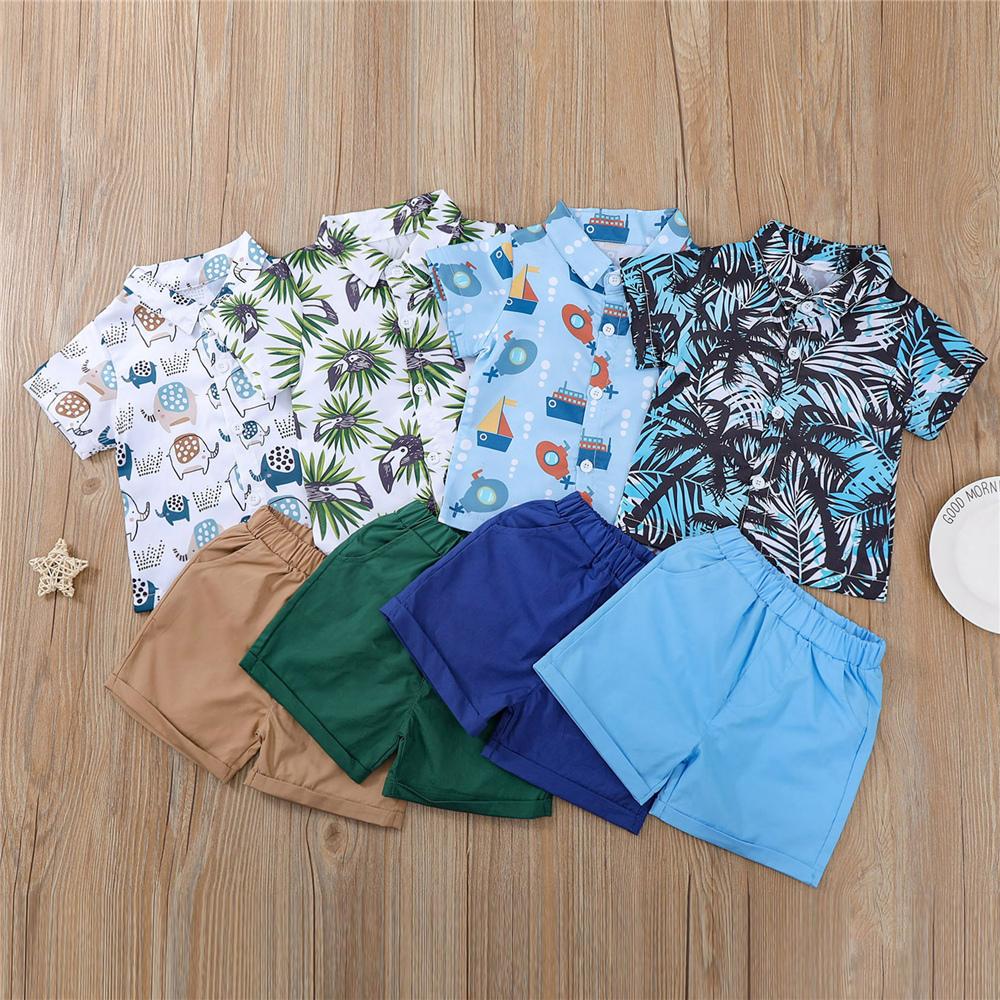 Boys Lapel Short Sleeve Elephant Printed Button Shirt & Brown Shorts Wholesale Boy Clothing