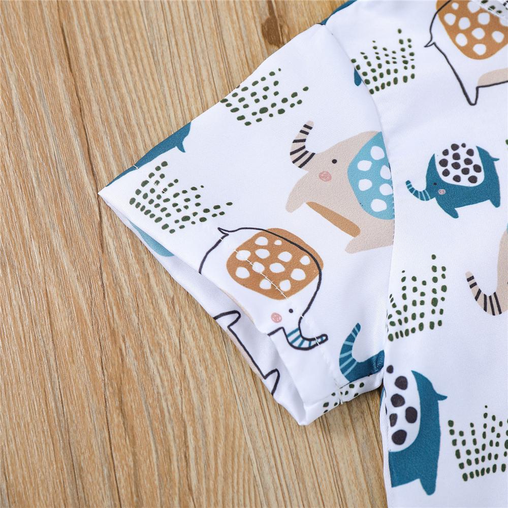 Boys Lapel Short Sleeve Elephant Printed Button Shirt & Brown Shorts Wholesale Boy Clothing