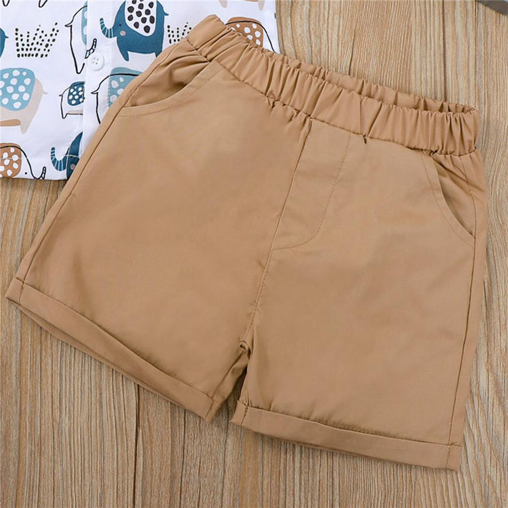Boys Lapel Short Sleeve Elephant Printed Button Shirt & Brown Shorts Wholesale Boy Clothing