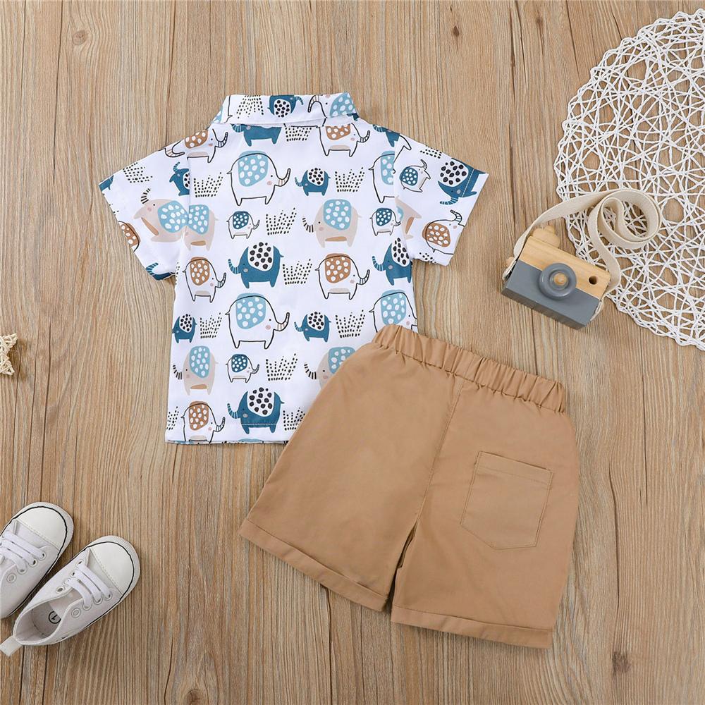 Boys Lapel Short Sleeve Elephant Printed Button Shirt & Brown Shorts Wholesale Boy Clothing