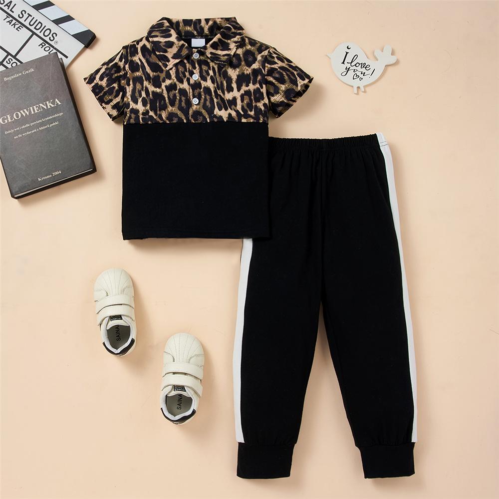 Unisex Lapel Short Sleeve Leopard Printed Top & Pants wholesale childrens clothing