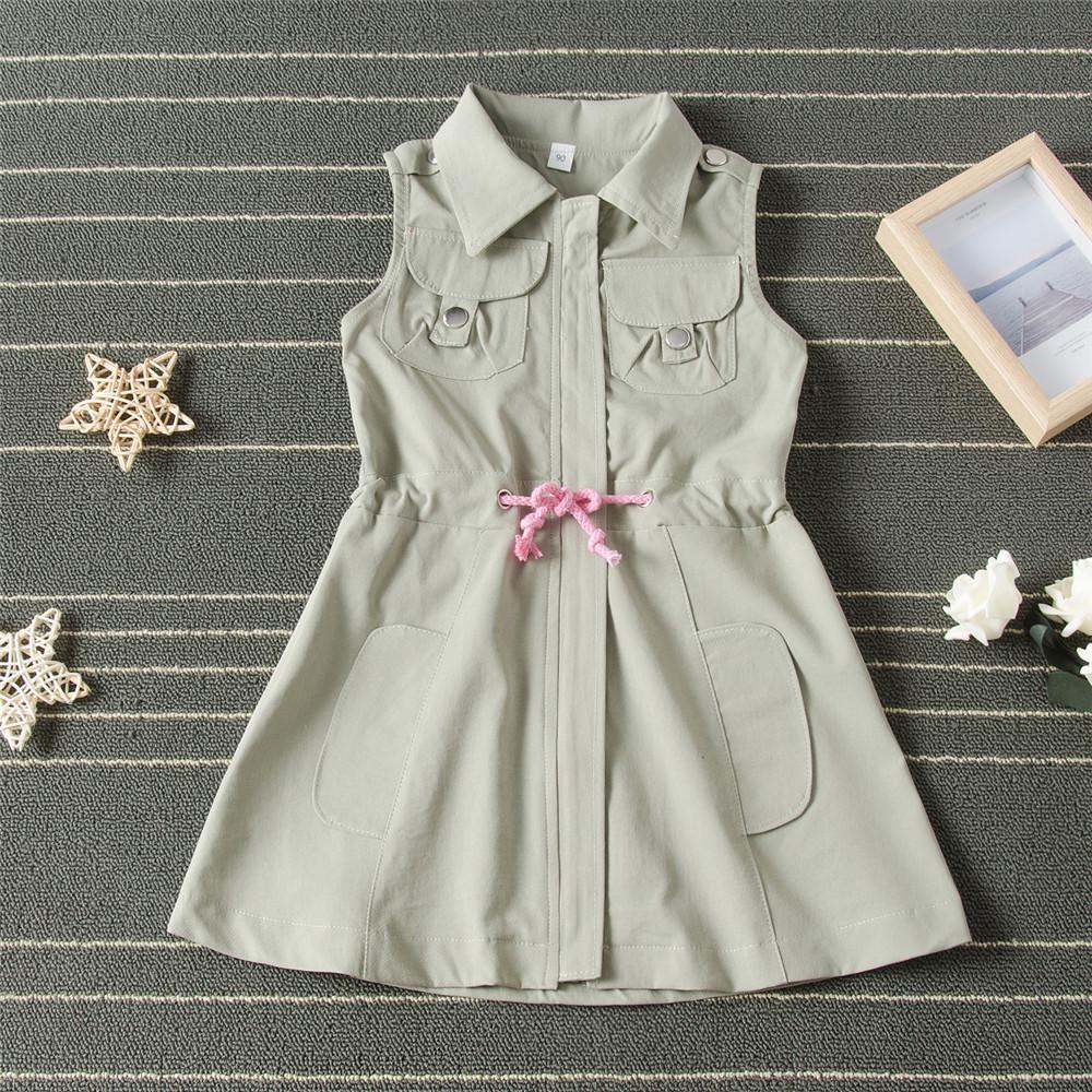 Girls Lapel Sleeveless Pocket Solid Dress Girls Boutique Clothes Wholesale