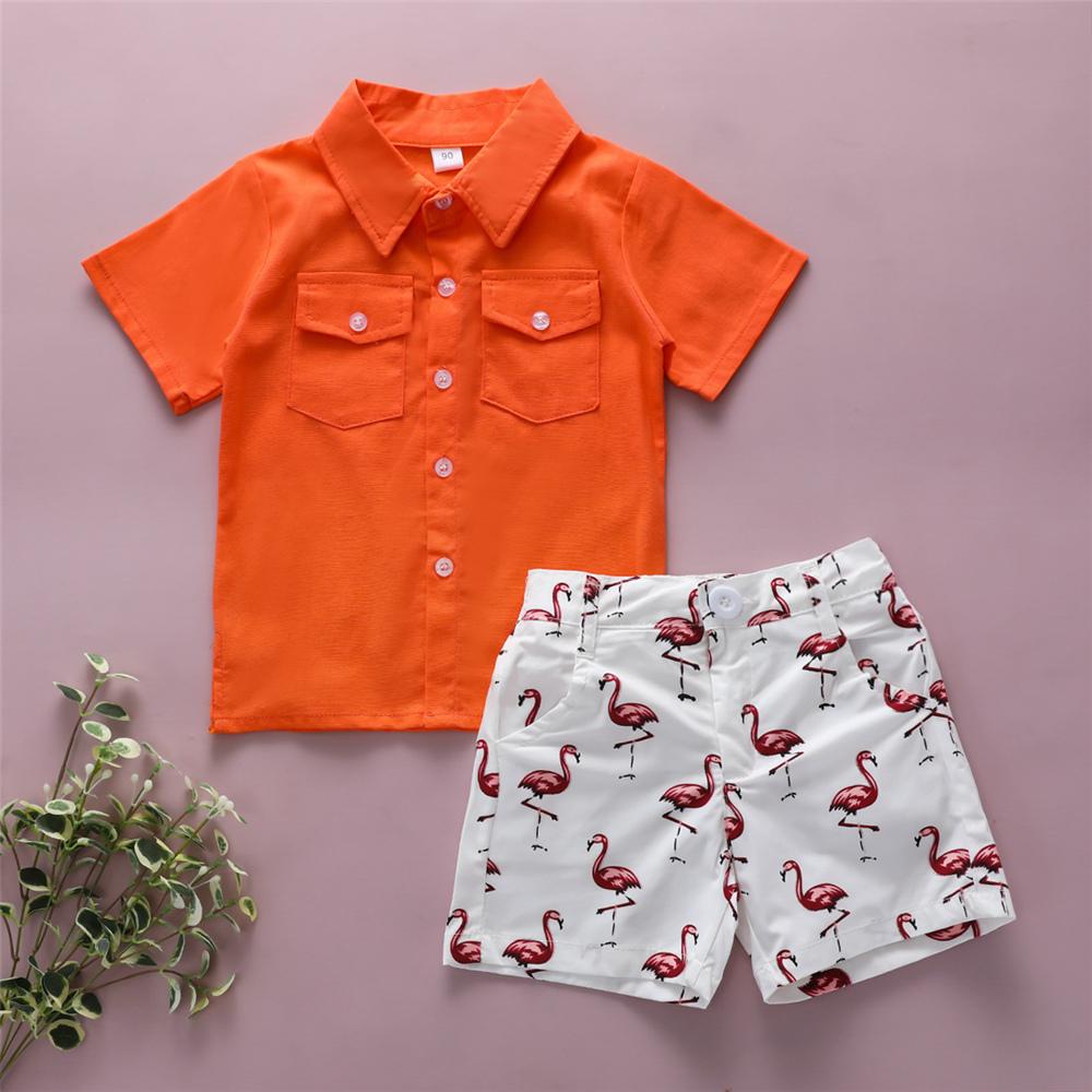 Boys Lapel Solid Button Short Sleeve Top & Cartoon Printed Shorts Wholesale Toddler Boy Clothes
