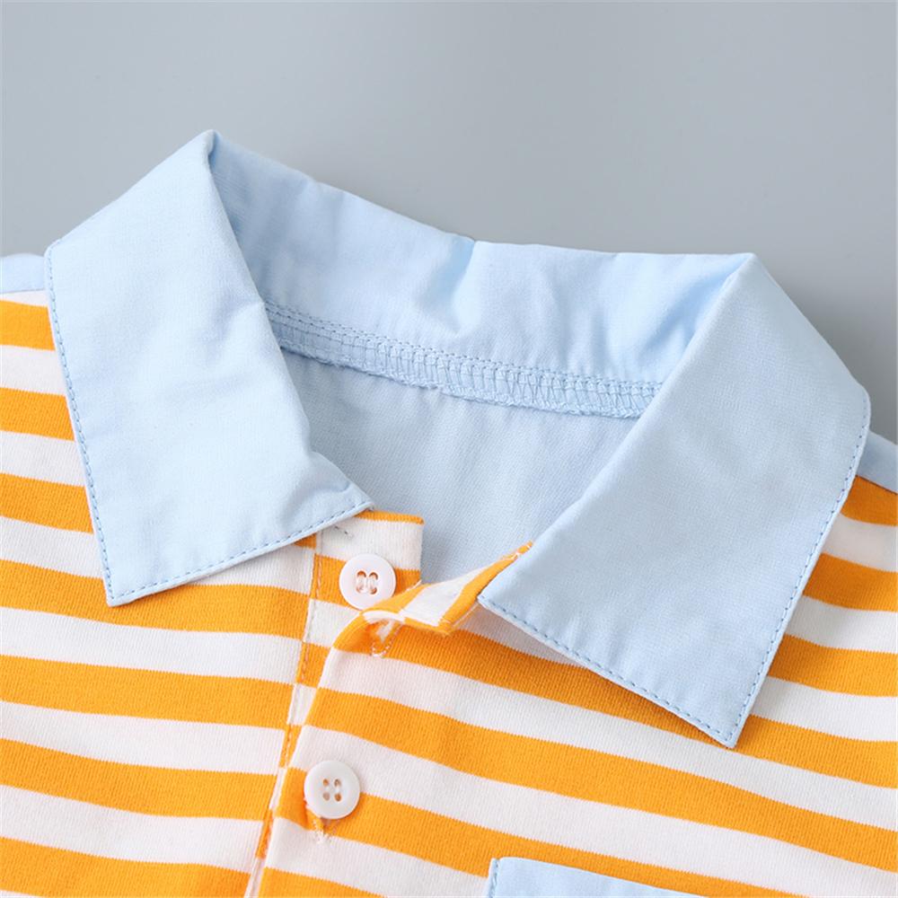 Boys Lapel Striped Short Sleeve T-shirt & Solid Shorts Boys Casual Suits