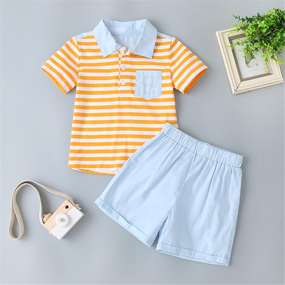 Boys Lapel Striped Short Sleeve T-shirt & Solid Shorts Boys Casual Suits