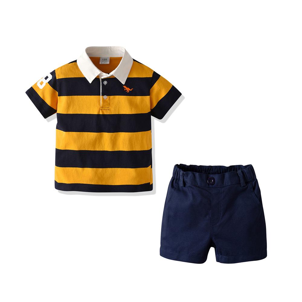 Boys Lapel Striped Short Sleeve Top & Solid Shorts Boy Summer Outfits