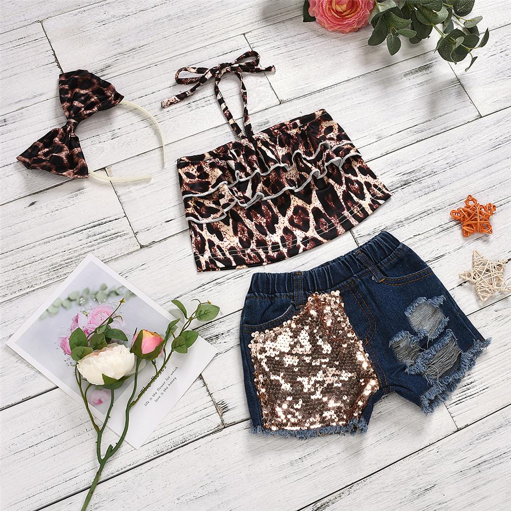 Girls Layered Leopard Tank Top & Sequin Denim Shorts Baby Clothing Cheap Wholesale