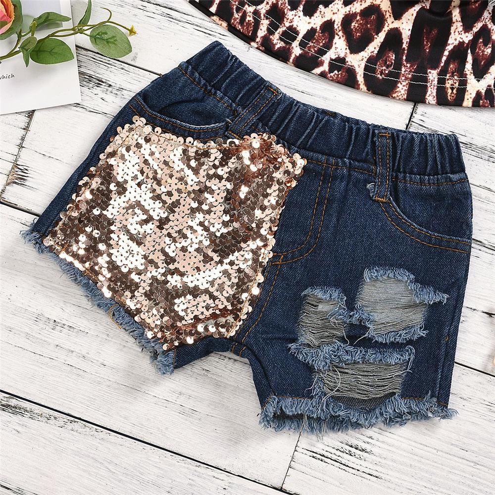 Girls Layered Leopard Tank Top & Sequin Denim Shorts Baby Clothing Cheap Wholesale