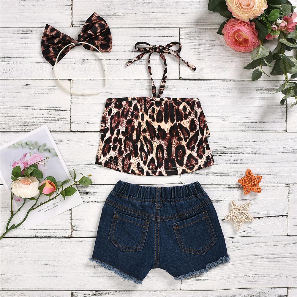 Girls Layered Leopard Tank Top & Sequin Denim Shorts Baby Clothing Cheap Wholesale