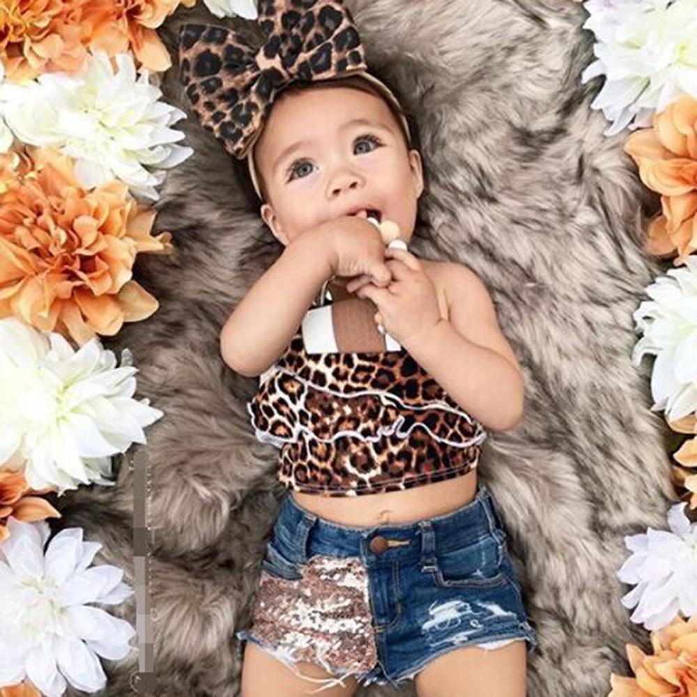 Girls Layered Leopard Tank Top & Sequin Denim Shorts Baby Clothing Cheap Wholesale