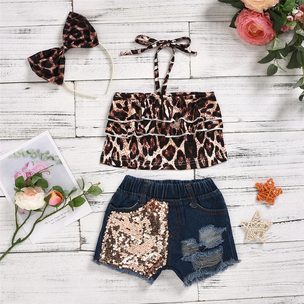 Girls Layered Leopard Tank Top & Sequin Denim Shorts Baby Clothing Cheap Wholesale