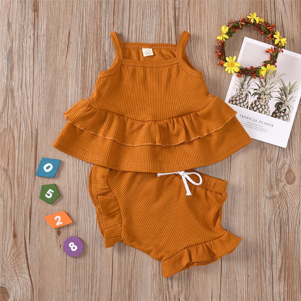 Girls Layered Solid Color Sling Top & Shorts Summer Casual Suits children's wholesale boutique clothing