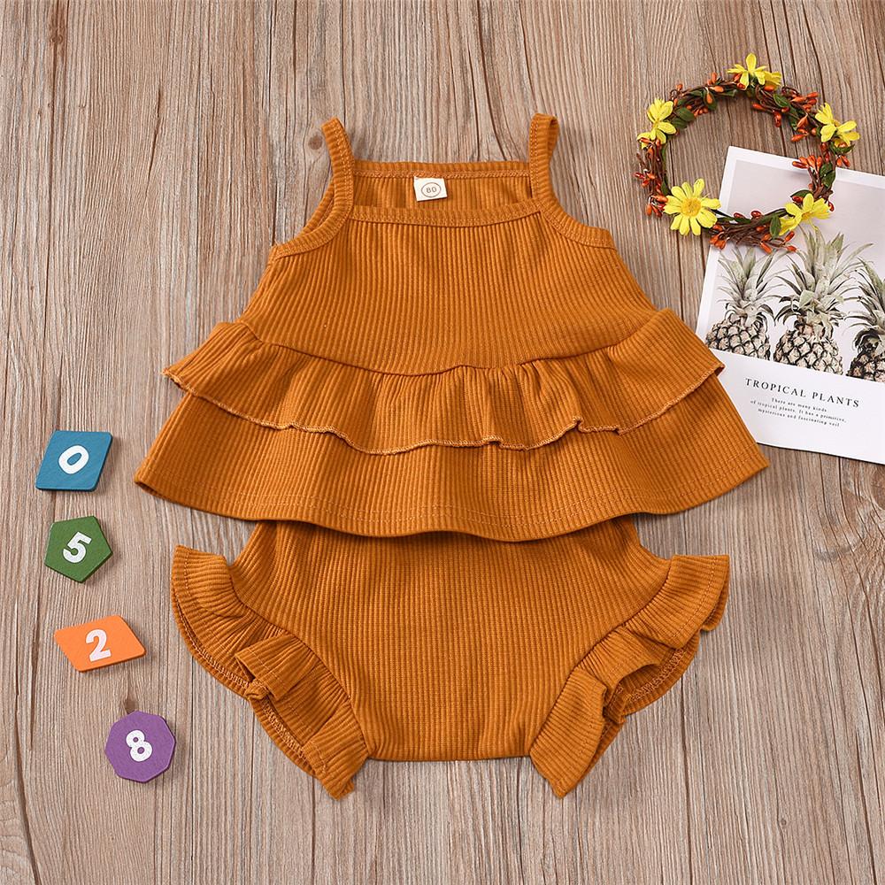 Girls Layered Solid Color Sling Top & Shorts Summer Casual Suits children's wholesale boutique clothing