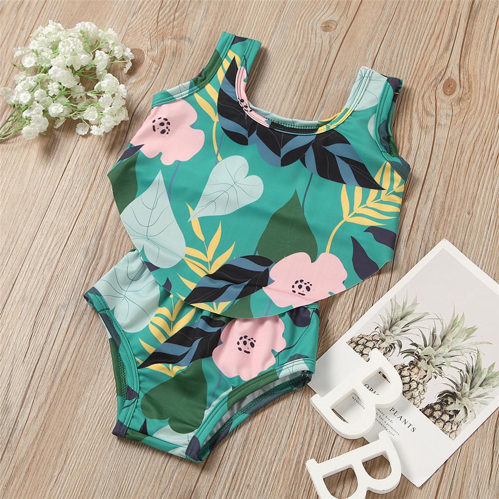 Girls Leaf Floral Printed Swimming Suit Toddler 2 Piece Swimsuit