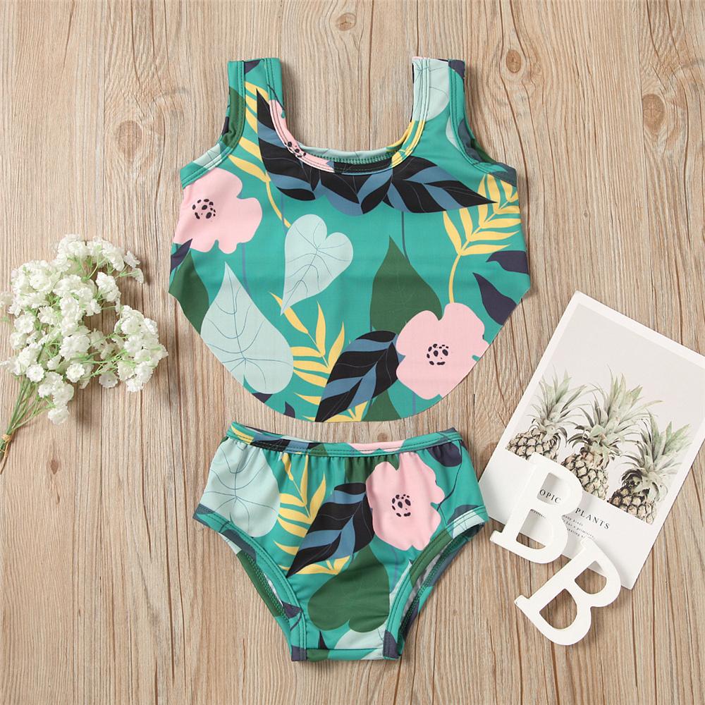 Girls Leaf Floral Printed Swimming Suit Toddler 2 Piece Swimsuit