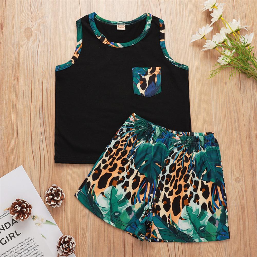 Boys Leaf Leopard Printed Sleeveless Top & Shorts Wholesale Toddler Boy Clothes