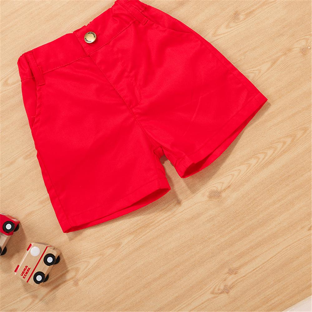 Boys Leaves Printed Lapel Short Sleeve Button Shirt & Red Shorts British School Boy