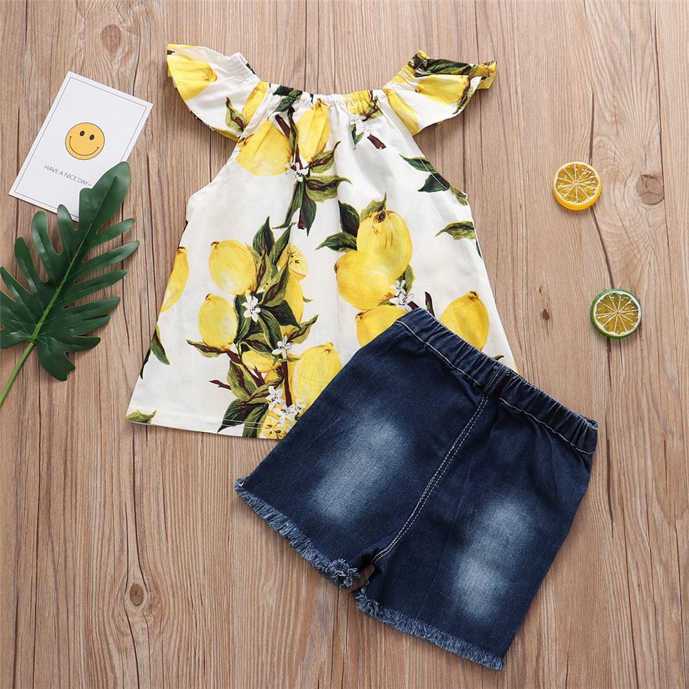 Girls Lemon Fruit Printed Sleeveless Top & Denim Shorts kids wholesale clothing