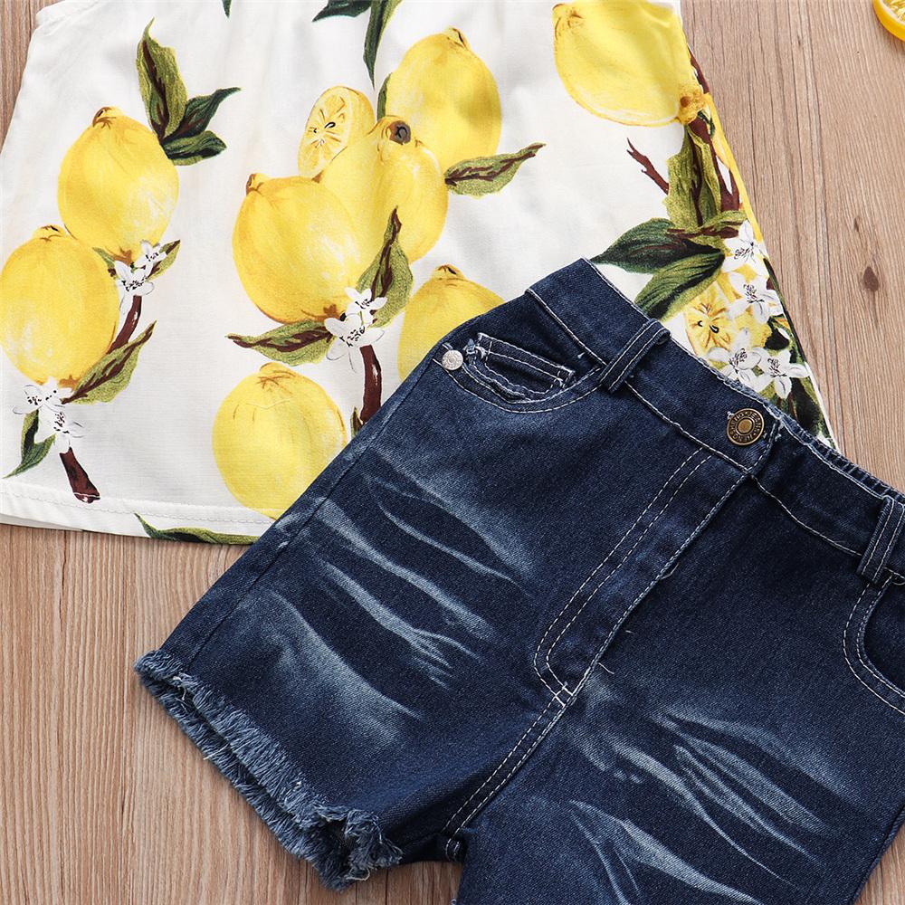 Girls Lemon Fruit Printed Sleeveless Top & Denim Shorts kids wholesale clothing