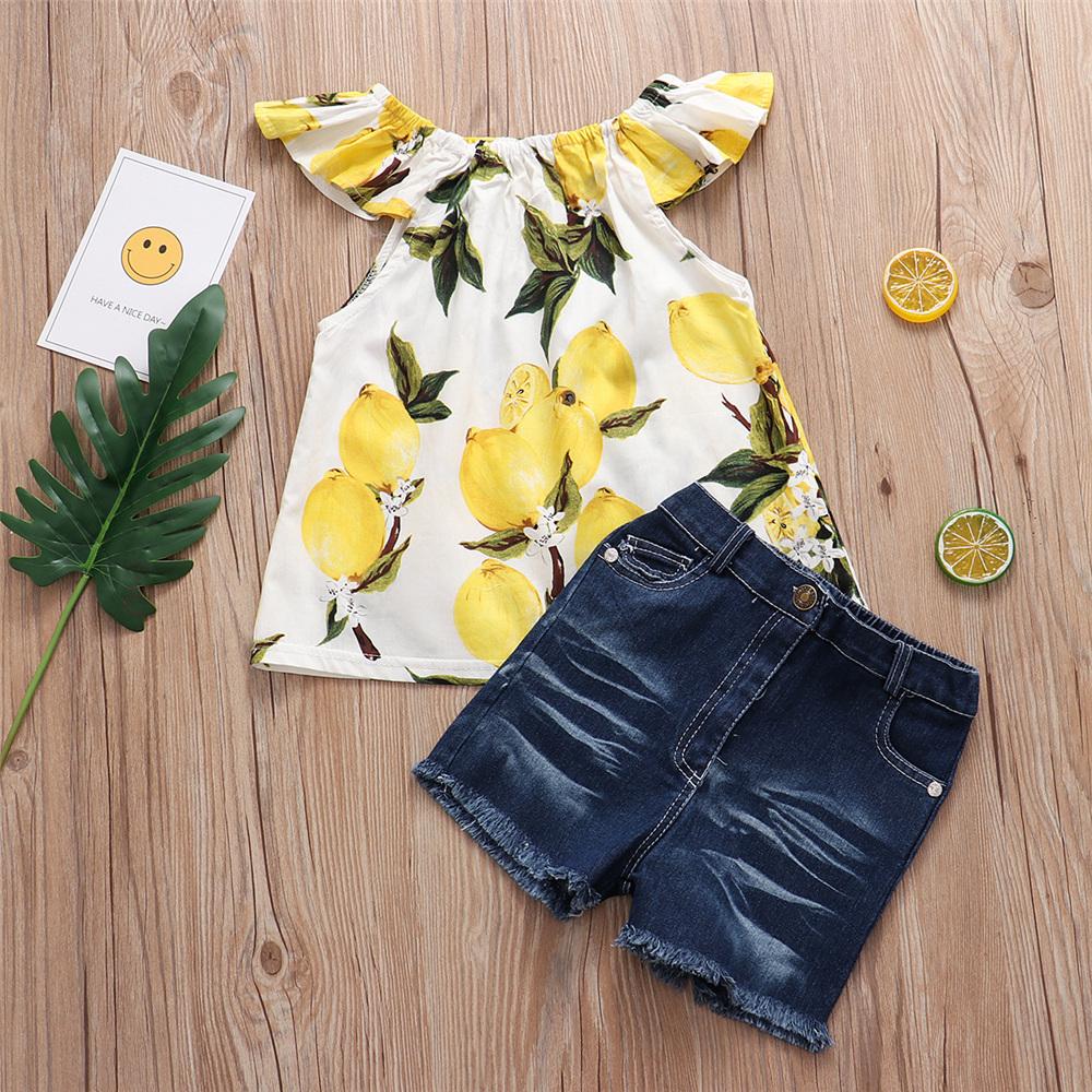 Girls Lemon Fruit Printed Sleeveless Top & Denim Shorts kids wholesale clothing