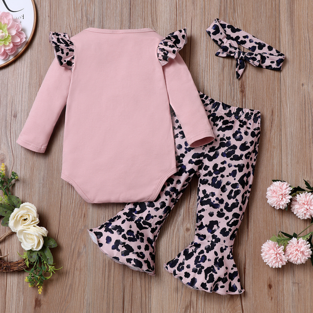 Baby Girls Leopard Letter Long Sleeve Romper & Pants & Headband Wholesale Baby Clothes