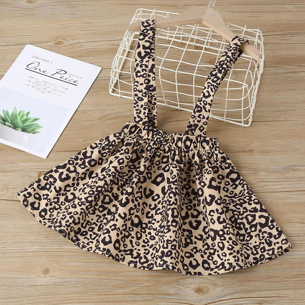 Girls Leopard Letter Short Sleeve Top & Suspender Skirt children wholesale clothing