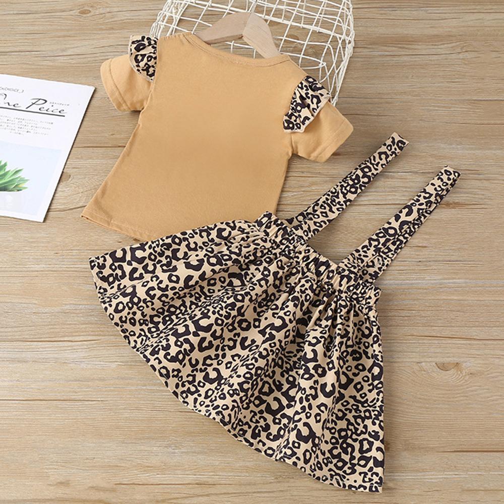 Girls Leopard Letter Short Sleeve Top & Suspender Skirt children wholesale clothing