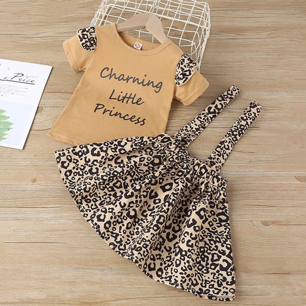 Girls Leopard Letter Short Sleeve Top & Suspender Skirt children wholesale clothing