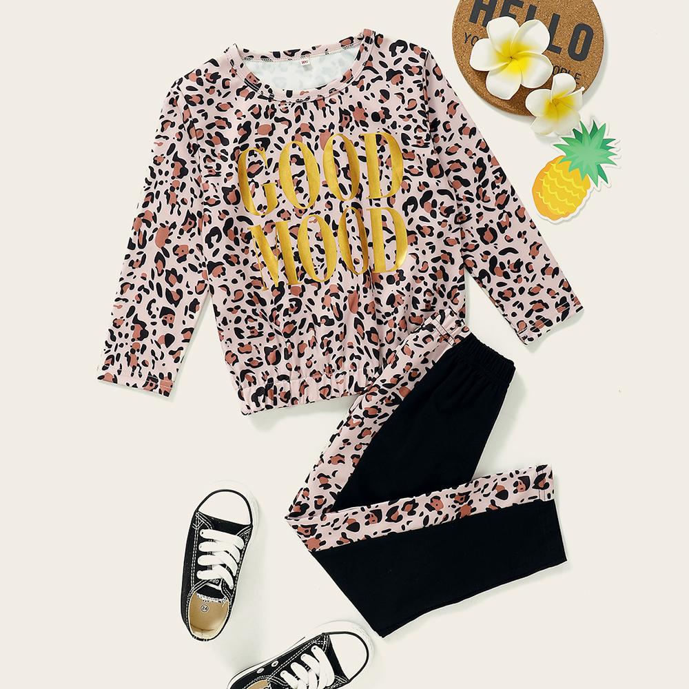 Girls Leopard Long Sleeve Letter Printed Top & Pants children wholesale clothing