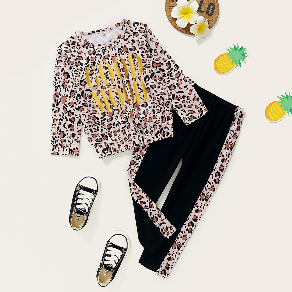 Girls Leopard Long Sleeve Letter Printed Top & Pants children wholesale clothing