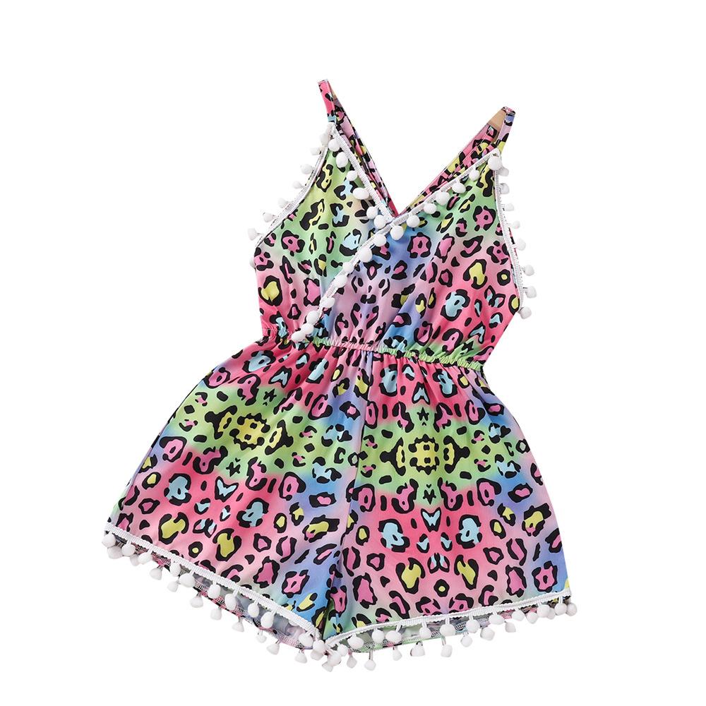 Girls Leopard Printed Ball Tassel Suspender Jumpsuit wholesale girls clothes
